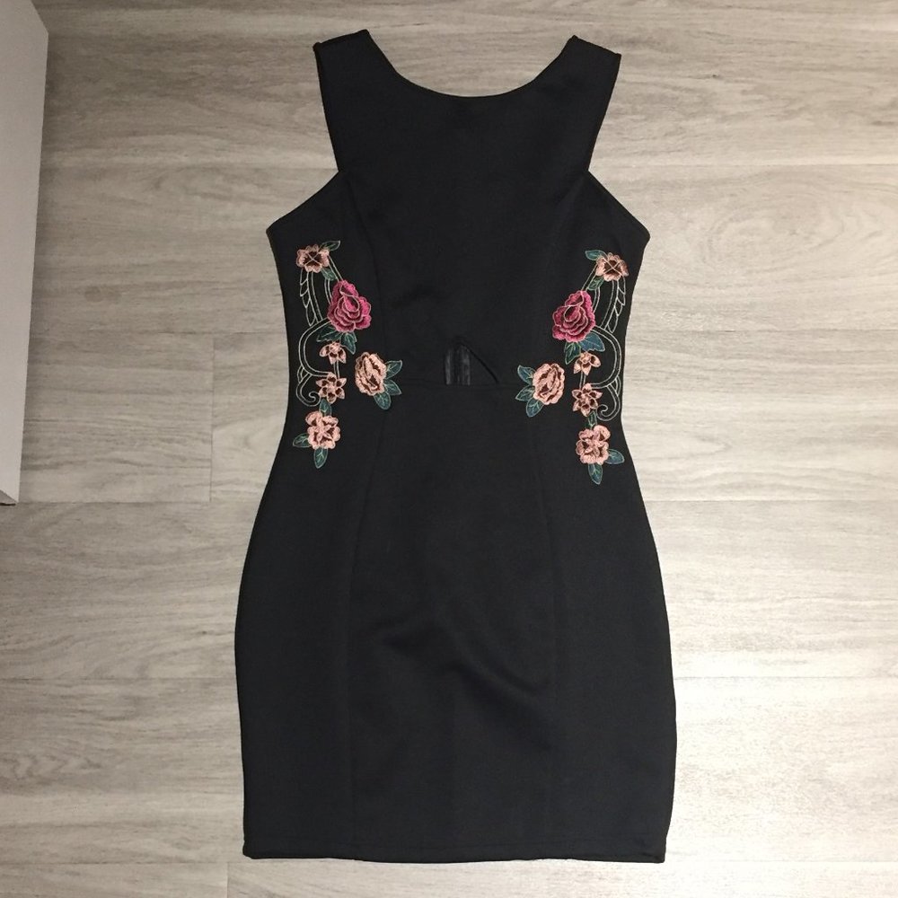 Black Party Dress with Embroidery and Cut Out